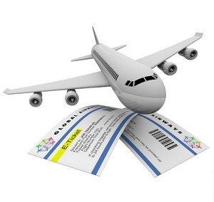 Two e-tickets and an airplane, symbolizing air travel